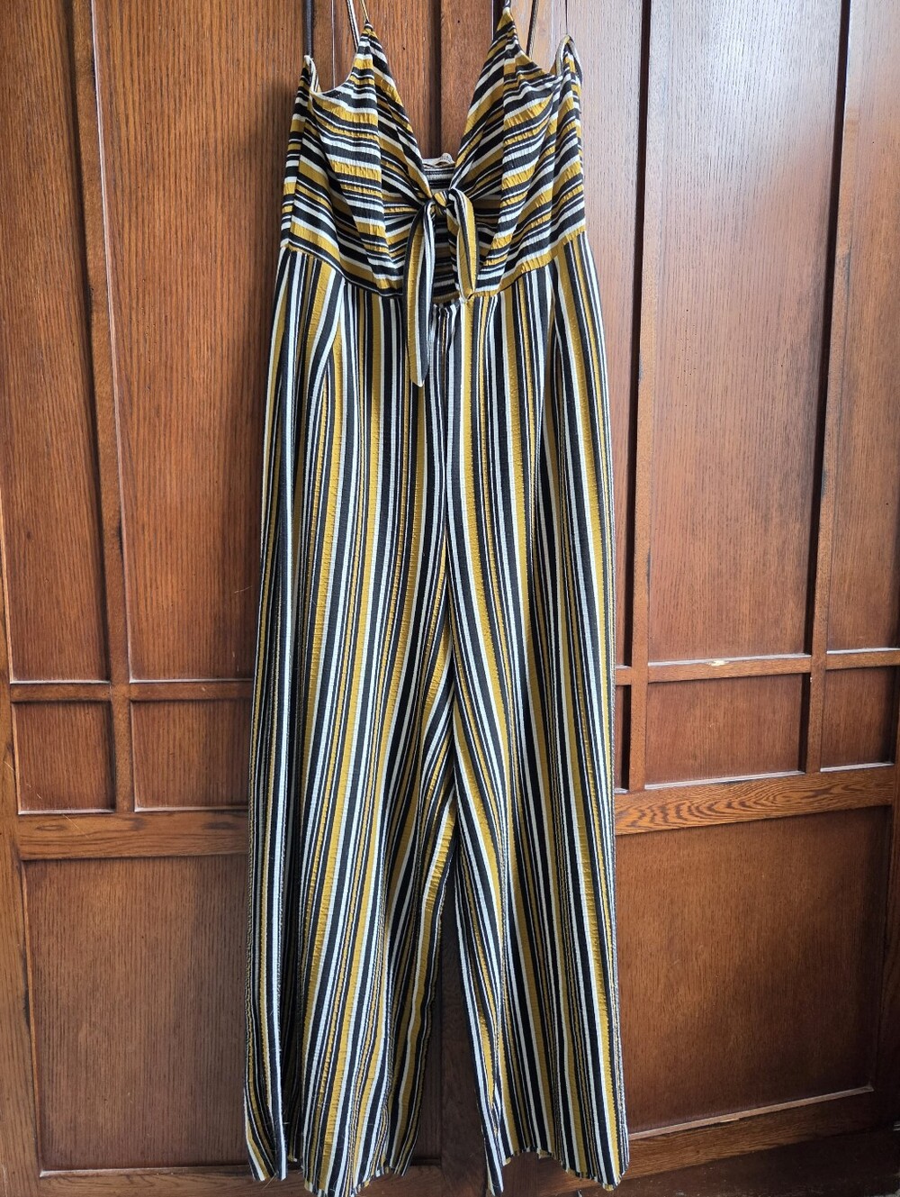 Pull&Bear Yellow and Black Striped Tie-Front Wide-Leg Jumpsuit W/ Cutout Detail